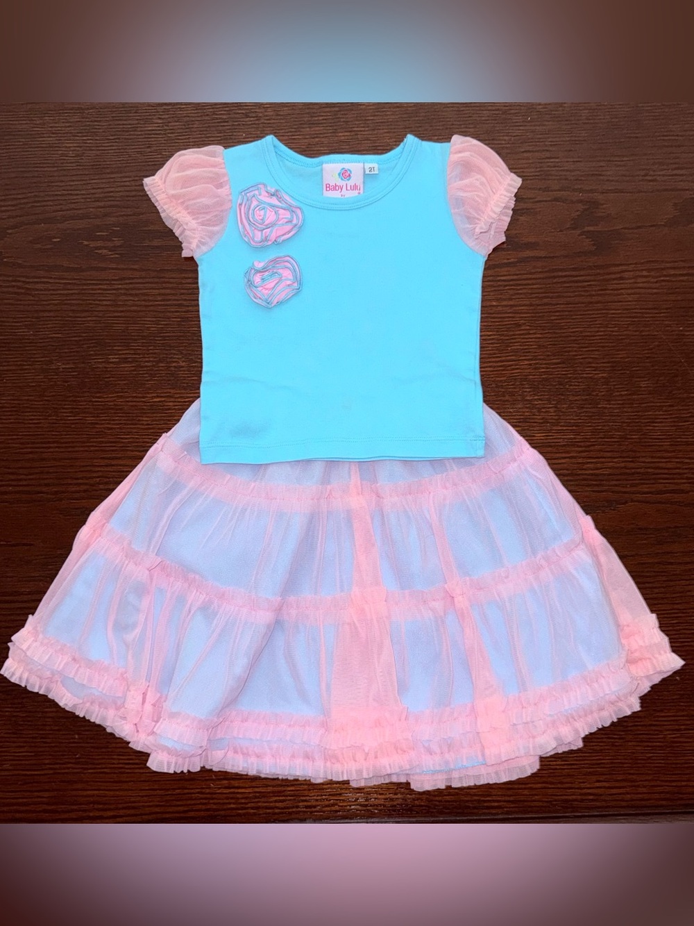Baby Lulu 2Pc Set w/ Blue & Pink Short Sleeve Top and Ruffled Tier Skirt.